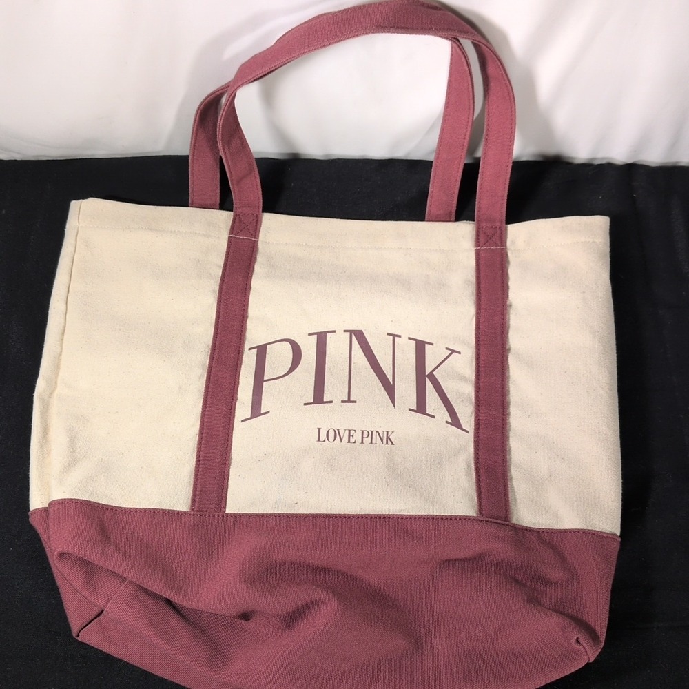 Victoria's Secret Love Pink Tote Bag Beige Canvas Maroon‎ With Zipper Classic